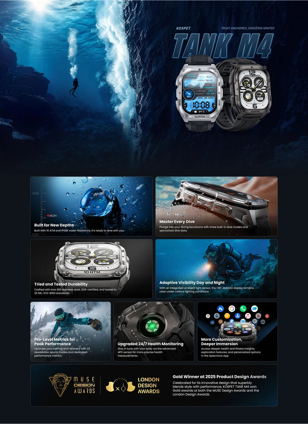 2025 KOSPET Tank M4 Rugged Smart Watch Stainless Steel GPS Offline Maps 10ATM 45M Freediving 24/7 Health Monitor for Android iOS