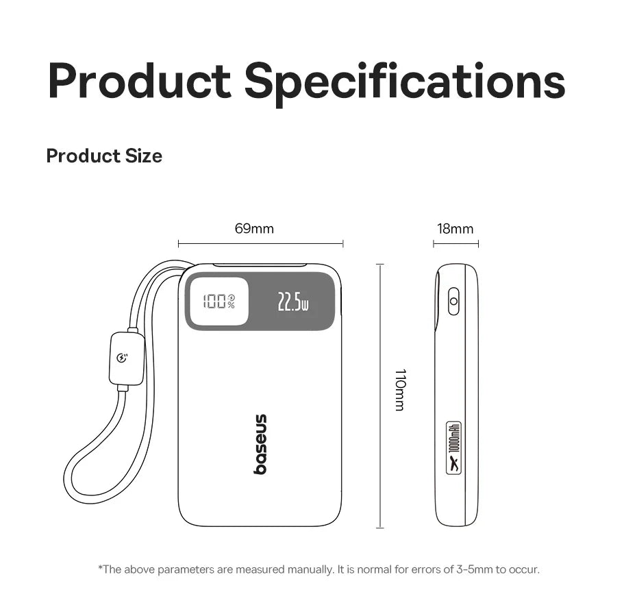 Portable Charger 10000mAh 22.5W Fast Charging Power Bank with Built-in Cables Tidesmit