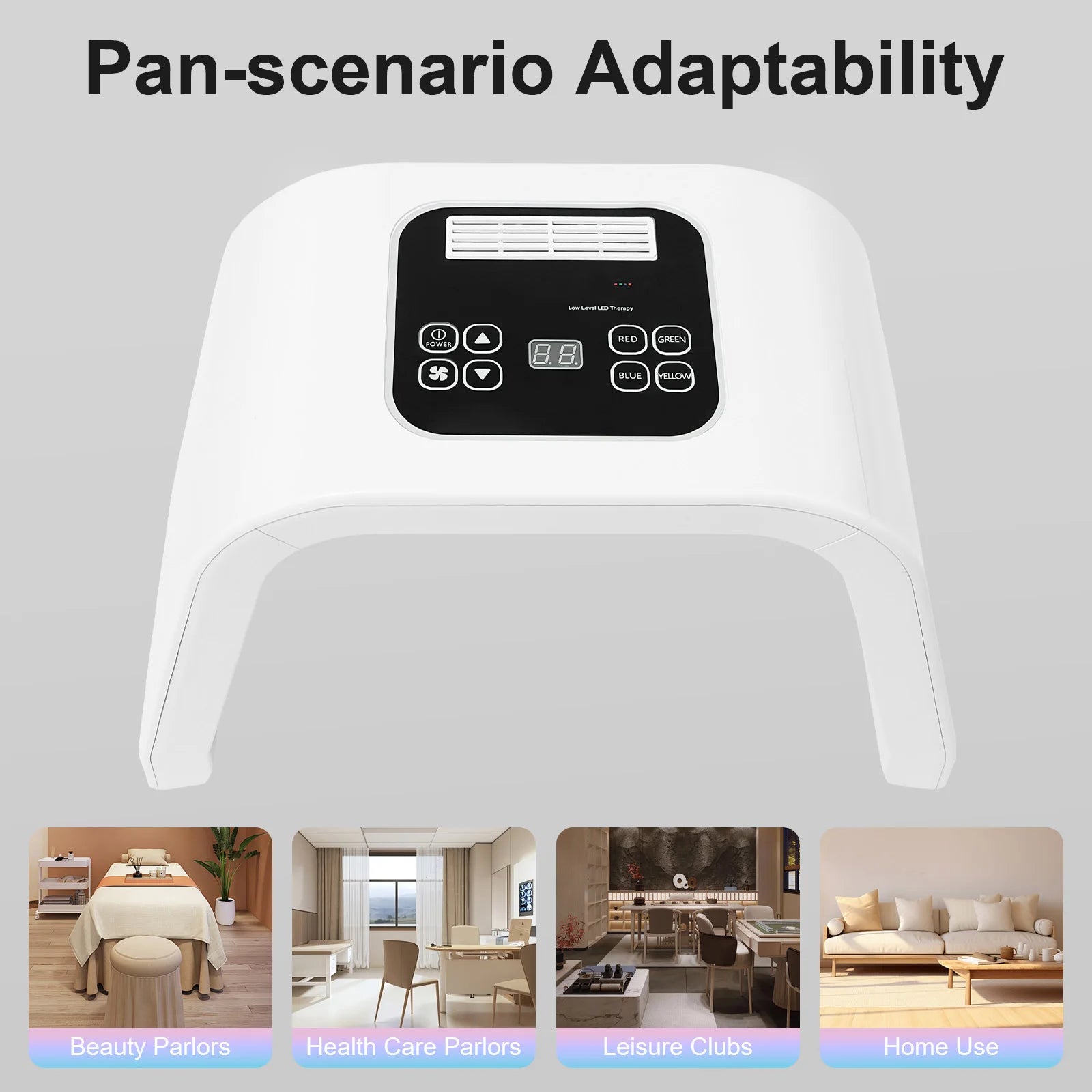 White arched LED light therapy machine with a black control panel featuring digital display and color mode buttons.