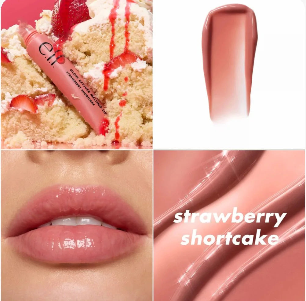 e.l.f. Glow Reviver Lip Oil in Strawberry Shortcake: a moisturizing, high-shine glossy pink lip makeup balm swatch.