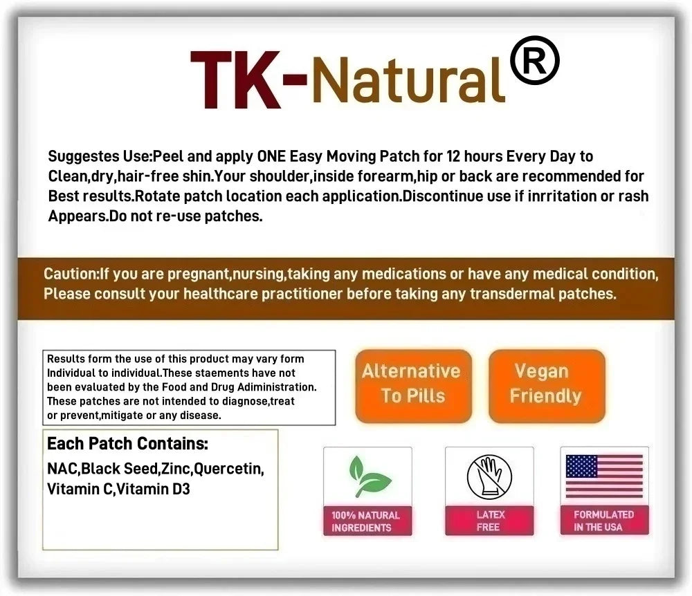 Tidesmit NAC transdermal patches with Zinc, Quercetin, Vitamin C, and D3 for daily respiratory support.