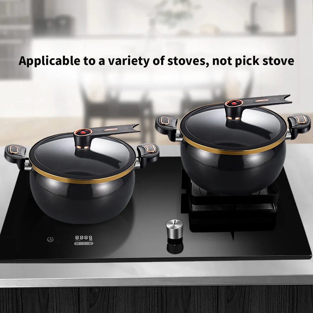 Two black micro pressure cookers with glass lids on an induction cooktop, gold trim