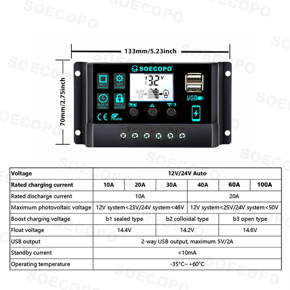 SOECOPO 10000W Solar Power Full Kit DC 12V - AC 110V 220V Inverter 100A Controller 2*600W Panels for Home System Camping