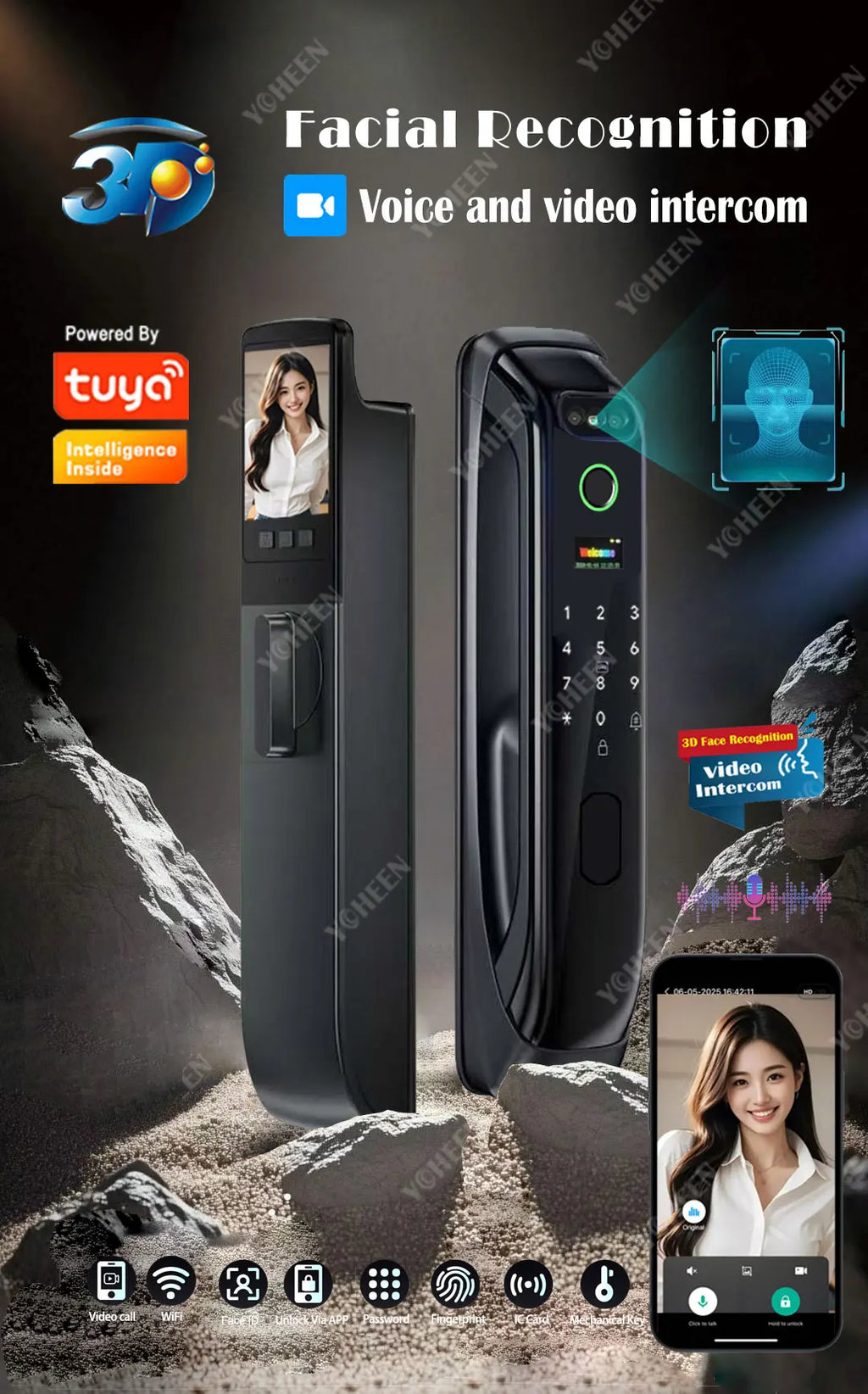 6068,5572,6072,6085 Mortise Lock Tuya Wifi App Camera Smart Digital Lock With Fingerprint Face Key Card Rfid