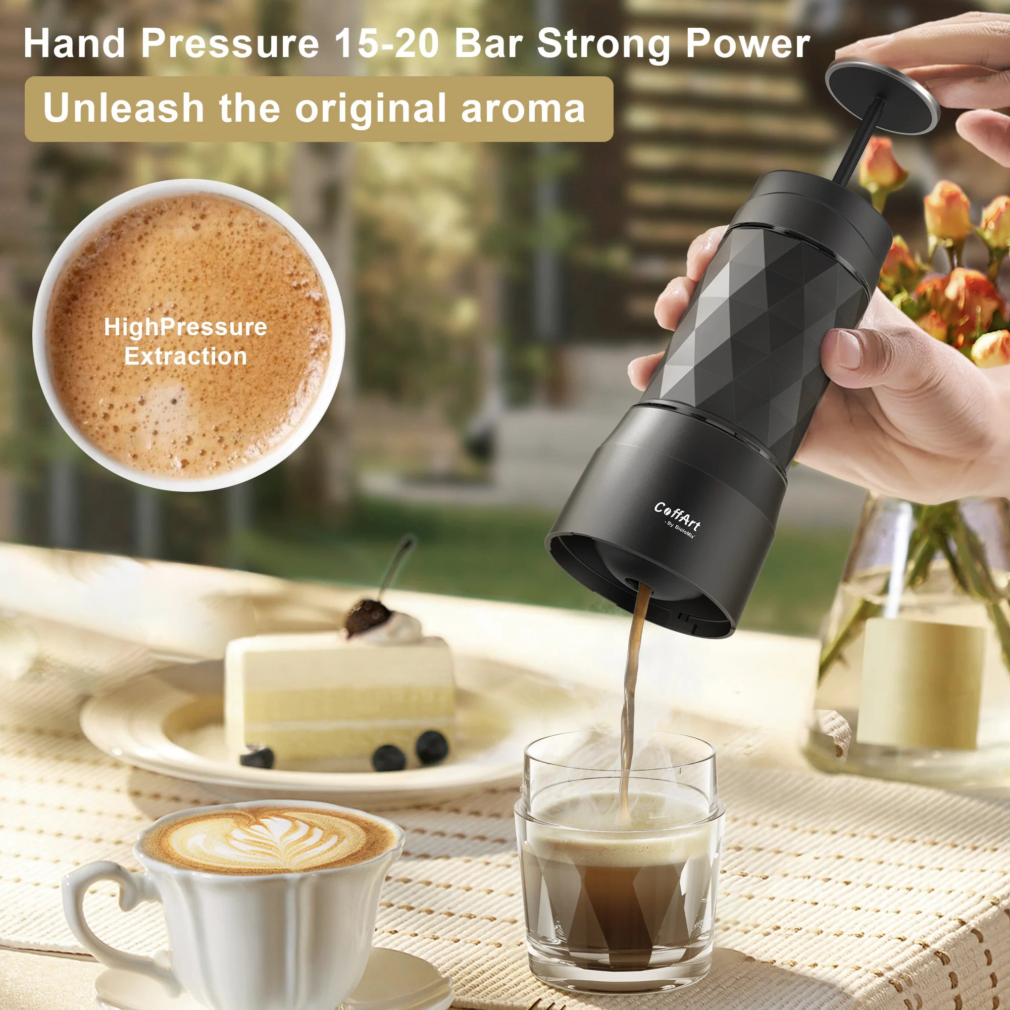 CoffArt by BioloMix portable black handheld manual espresso maker with textured grip for high-pressure coffee brewing.