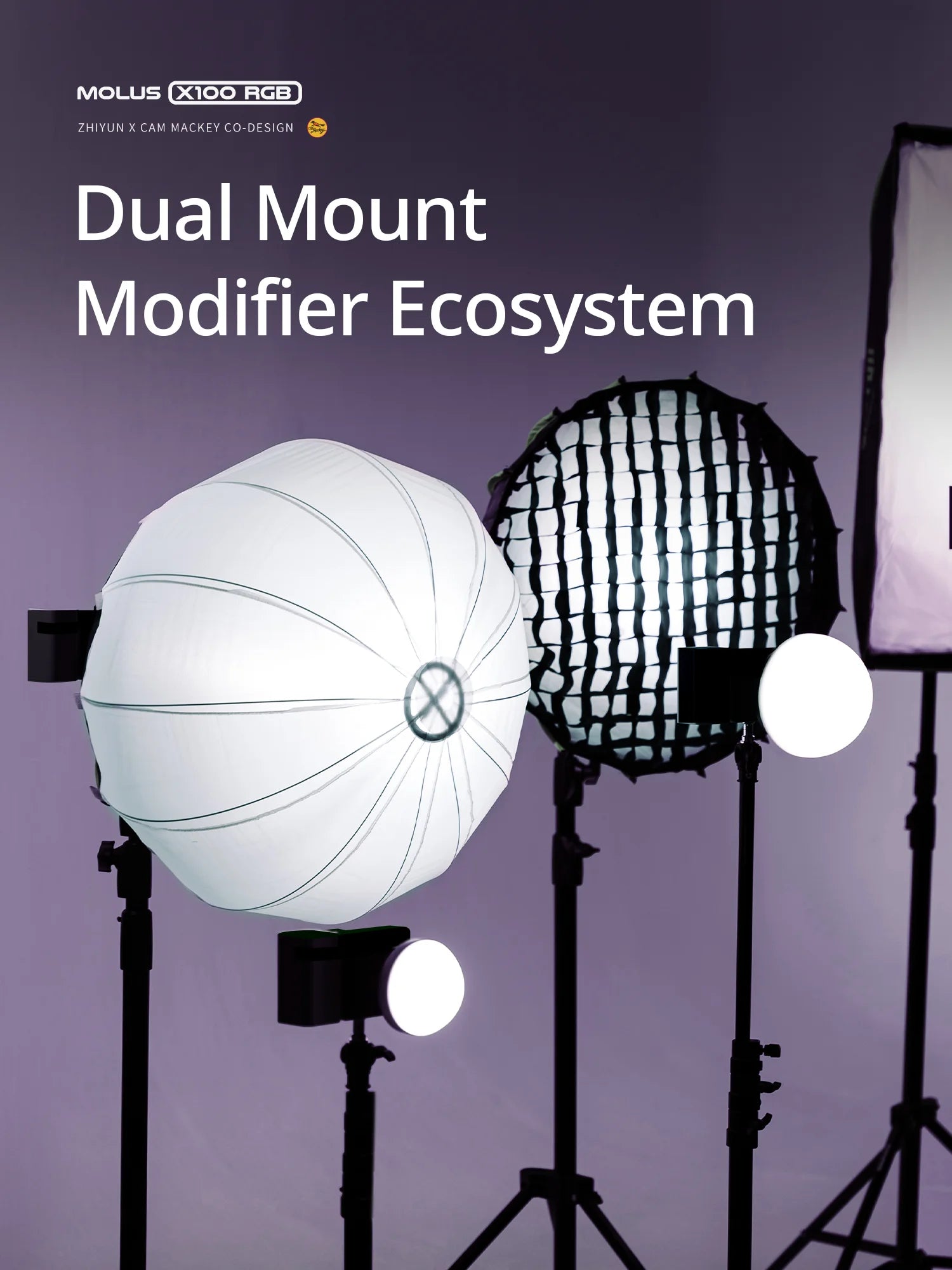 Dual mount modifier ecosystem with a white dome diffuser and black grid softbox attached to studio light stands.