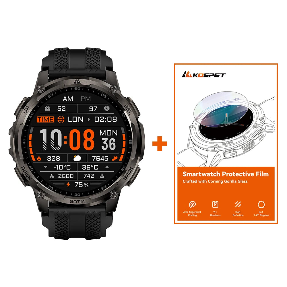 KOSPET TANK T4C Men's Military Smartwatch Rugged GPS Watch with Flashlight 5ATM Waterproof & All-Day Health Tracking