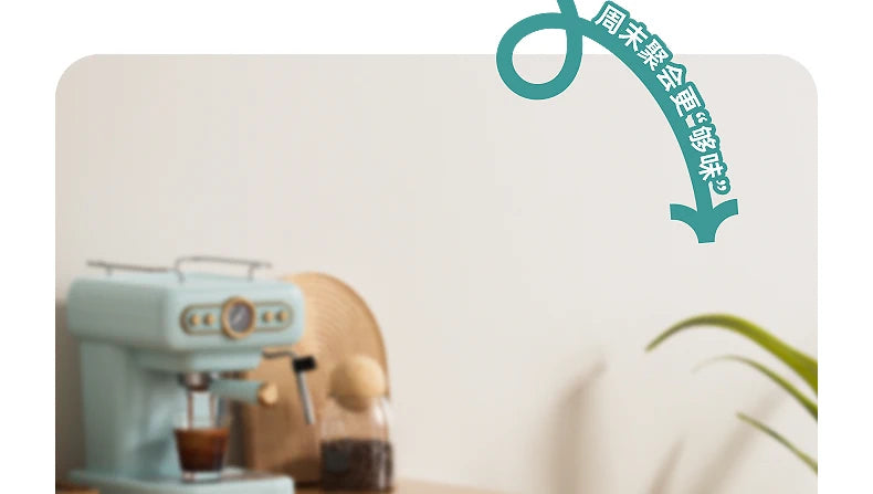 Retro light blue espresso machine on wooden table with glass coffee bean jar and steam wand, home kitchen setup.