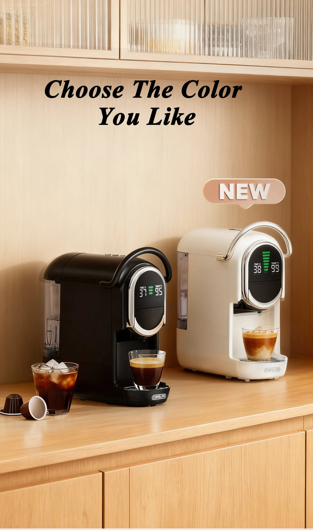 Cafelife capsule coffee makers in black and white with digital temperature displays on a wooden kitchen counter.