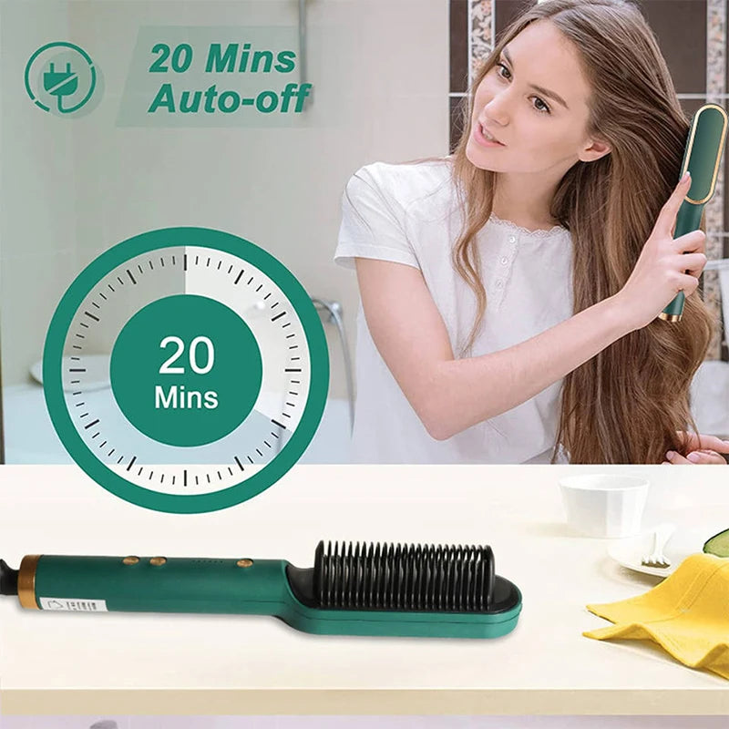 Green portable ceramic hair straightening brush with 20-minute auto-off safety feature for professional salon styling.