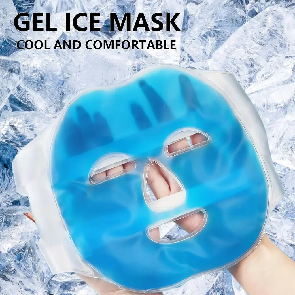 Blue gel face mask with cutouts for eyes, nose, and mouth, held against an ice background.
