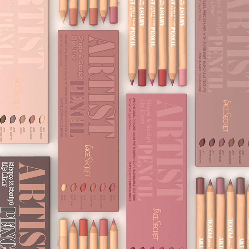 6-piece velvet matte lip liner set in assorted nude, pink, and berry shades with a smooth, long-lasting pencil texture.