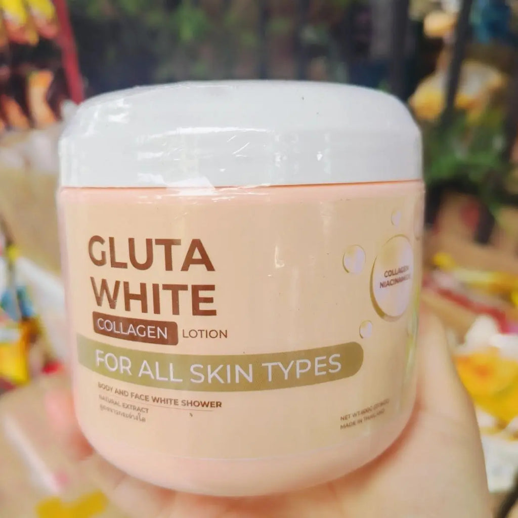 Gluta White Collagen lotion in a cylindrical, pale peach plastic jar with a white screw-top lid, for face and body.