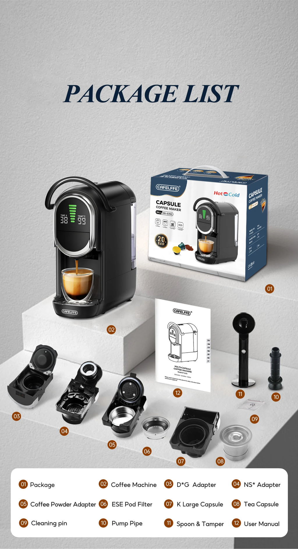 Cafelffe black multi-capsule coffee maker with accessories, adapters, and packaging list on white tiered display.