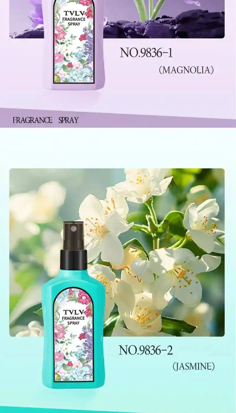TVLV Jasmine fragrance spray, long-lasting floral scent for women in a turquoise rectangular bottle with spray nozzle.