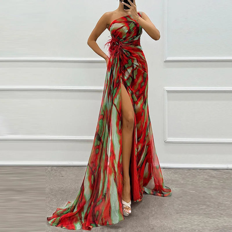 Printed Skew Collar Simple Party Dress, Women Summer Patchwork Sleeveless Elegant Maxi Dress, 2024 Backless Fashion Ladies Dress