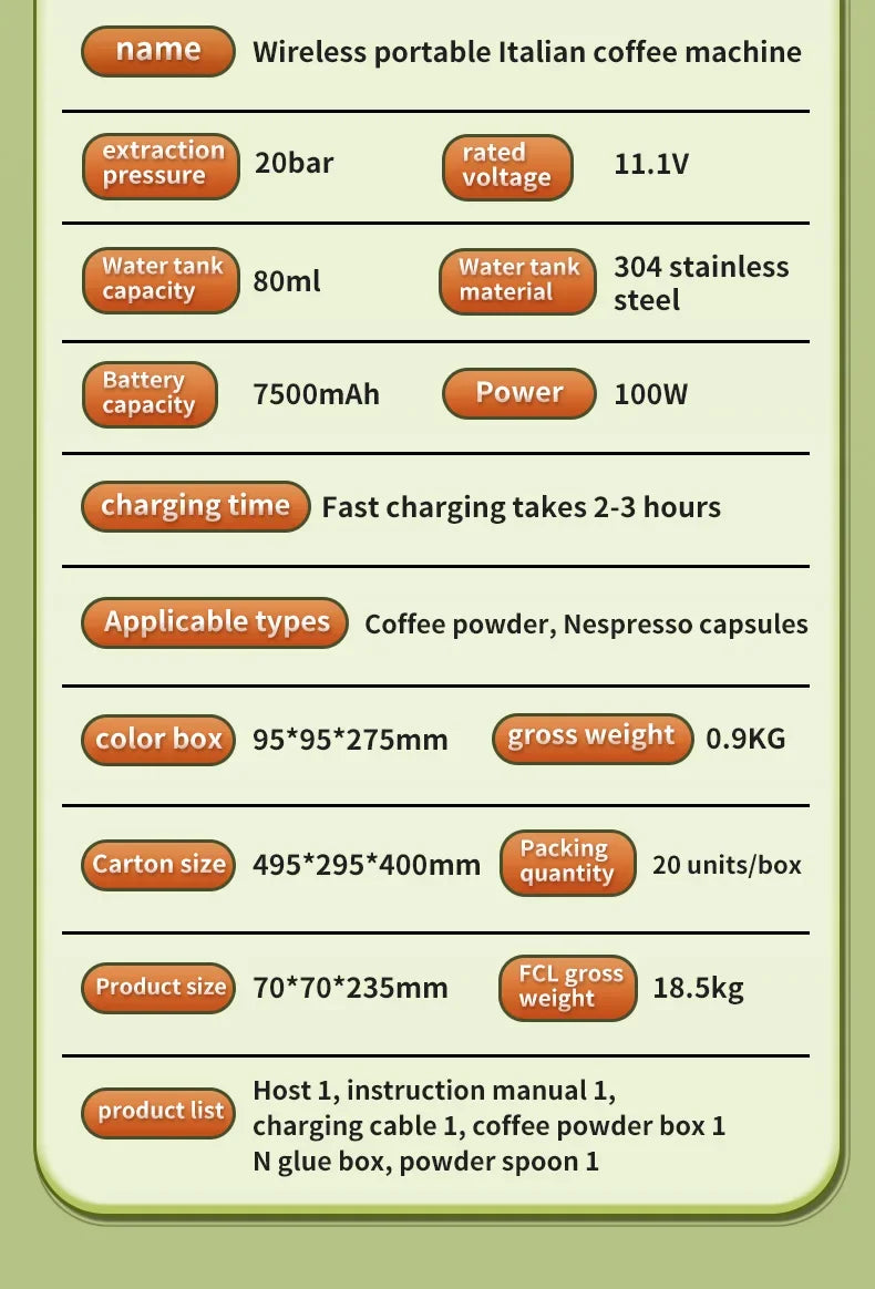 Wireless portable Italian coffee maker specs: 20bar pressure, 80ml 304 stainless tank, for powder or Nespresso pods.