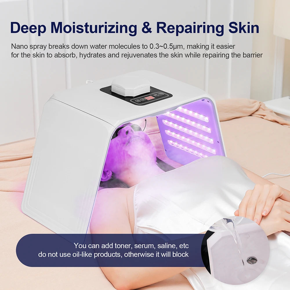 White arched nano facial steamer and light therapy device being used by a woman lying on a bed.