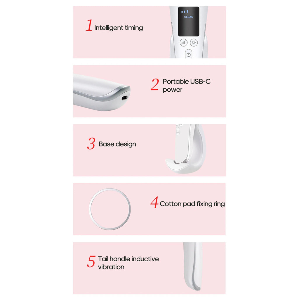 Features of hot and cold pulse facial beauty device: USB charging, base design, and EMS vibration for skin cleaning.