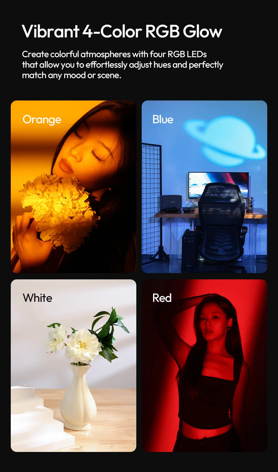 RGB LED sunset projection lamp casting orange, blue, white, and red light on people, room walls, and floral displays.