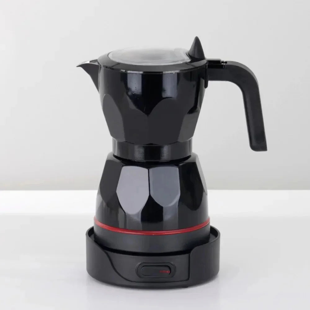 Black electric moka pot espresso maker with faceted body, handle, and heating base on a white surface.