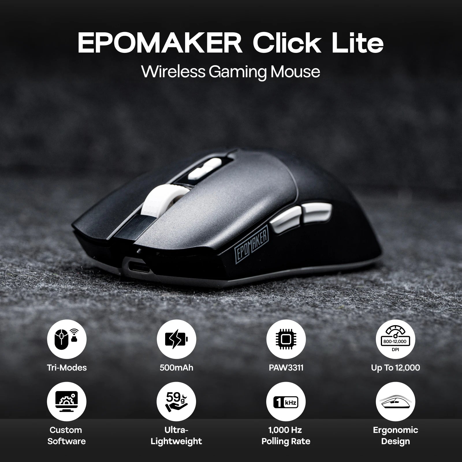 EPOMAKER Click Lite Wired/BT/2.4GHz Wireless Gaming Mouse PAW3311 Sensor 800 to 24000 DPI with 500mAh Battery for PC/Mac/Linux
