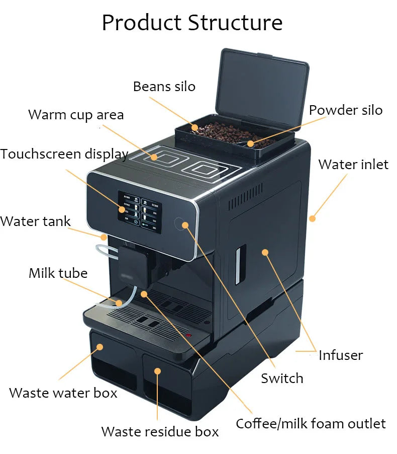 Black automatic coffee machine with touchscreen, bean silo, milk tube, and labeled features for brewing performance.