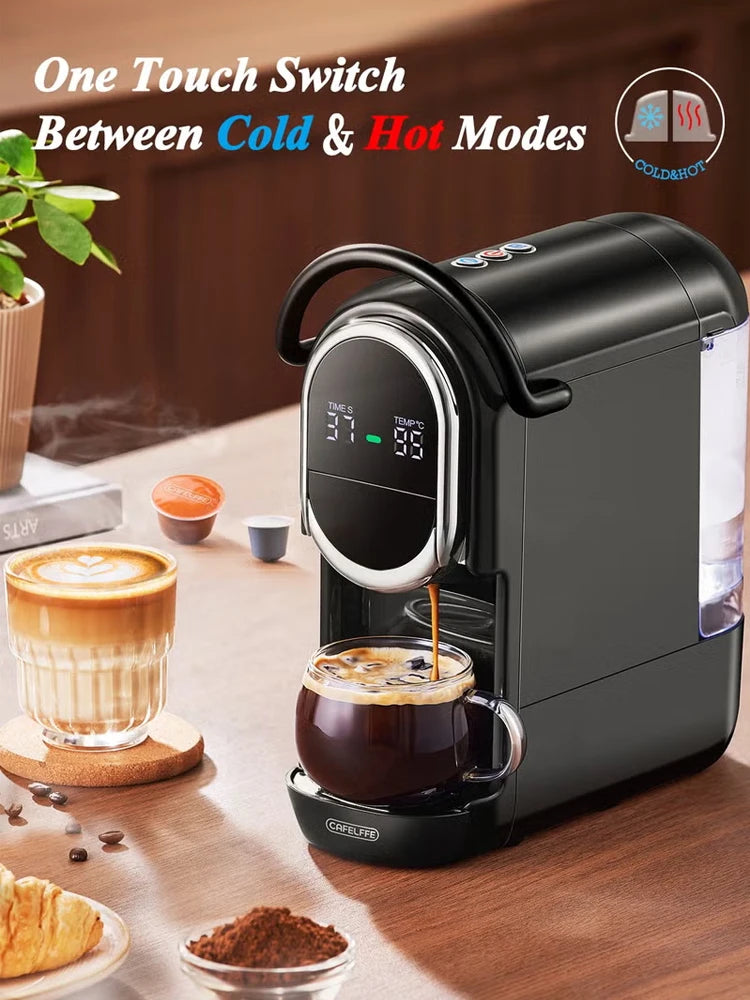 Cafelffe black compact capsule coffee maker with LED digital display for hot and cold modes on a wooden table.