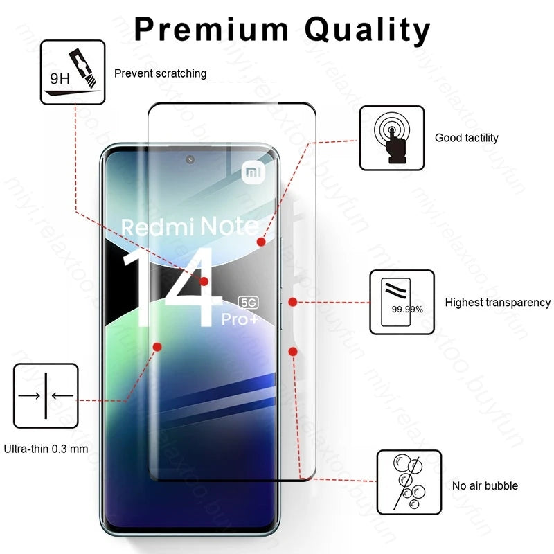Redmi Note 14 Pro Plus 9D Curved Tempered Glass Screen Protector Tidesmit