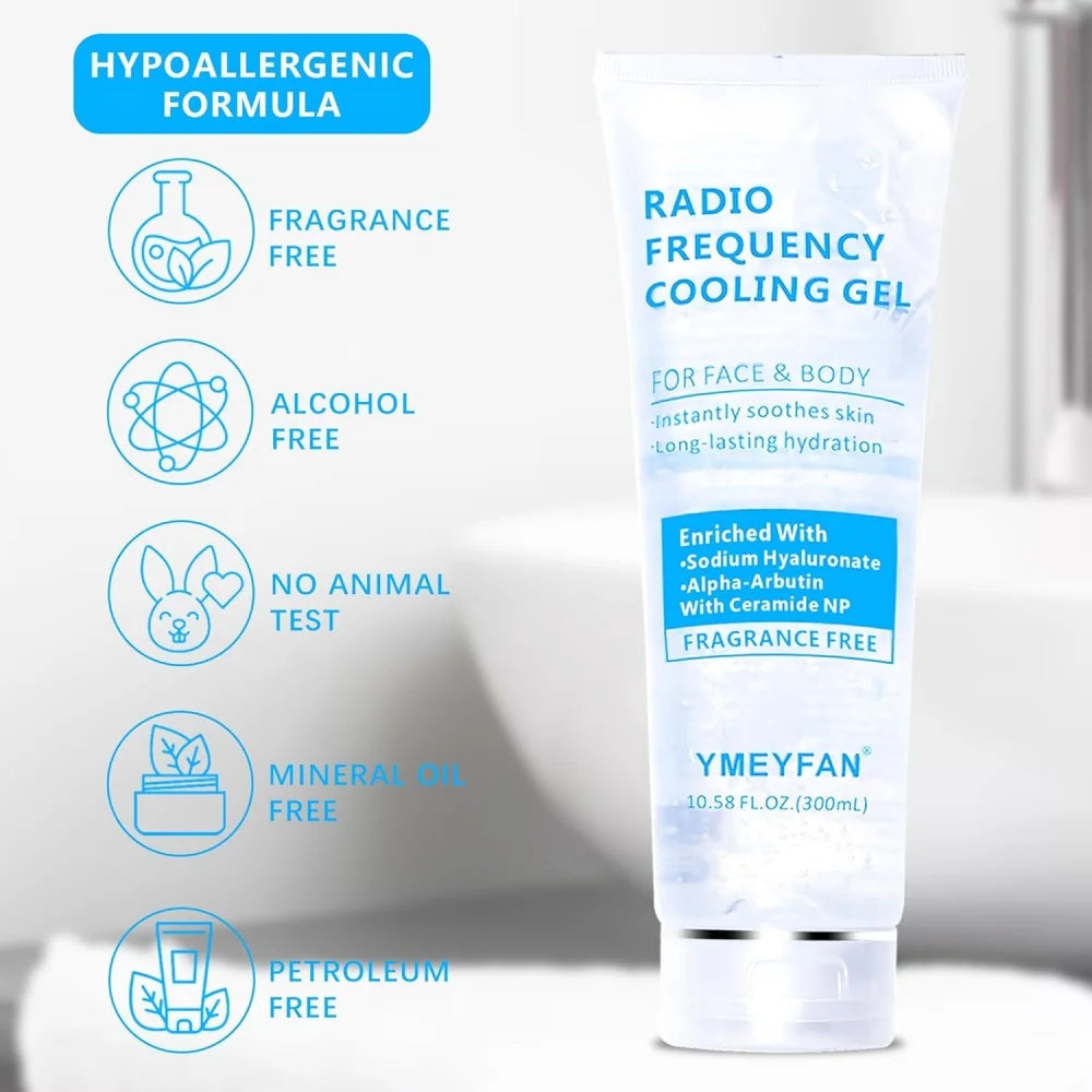 A 300ml tube of YMEYFAN Radio Frequency cooling gel with infographic icons highlighting its hypoallergenic formula.