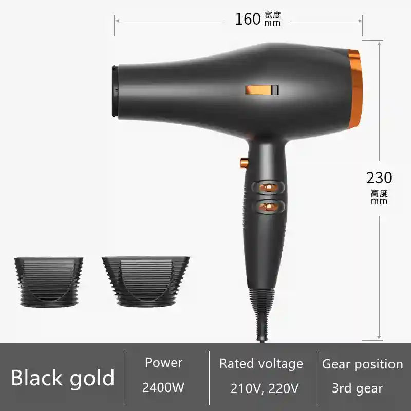 2400W black and gold high-speed professional hair dryer with nozzle attachments for quick salon-style drying.