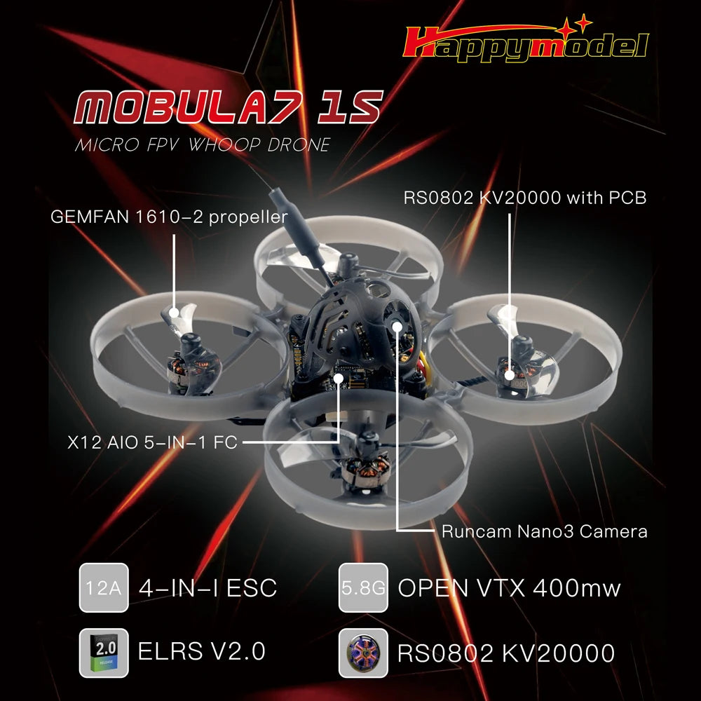Mobula7 1S ELRS Tiny Whoop Drone | 75mm Racing Quad | ELRS V3.0 Tidesmit