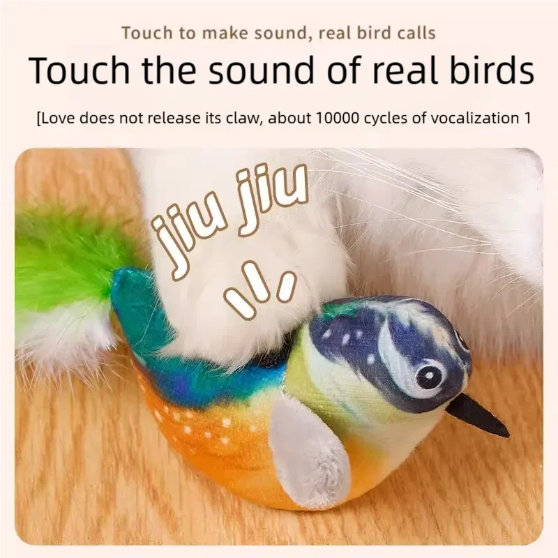 Interactive plush bird cat toy with chirping sounds and realistic feathers for engaging play and exercise.