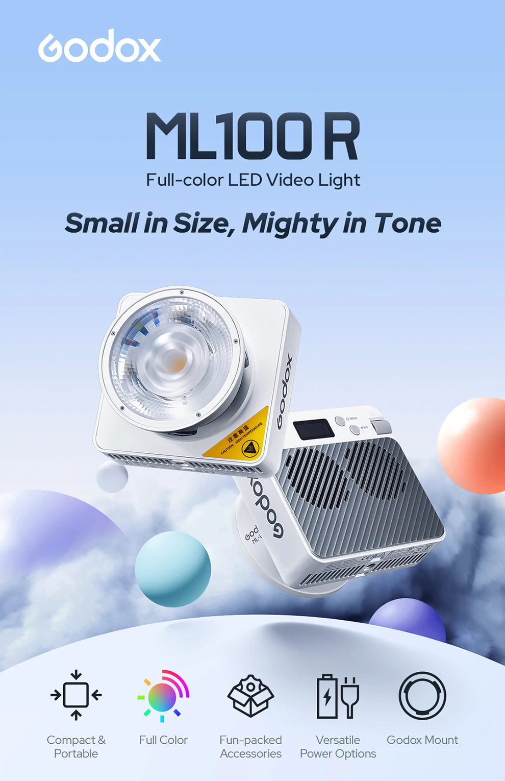 ML100R full-color LED video light, a compact square unit with a circular front lens and rear controls for photography.