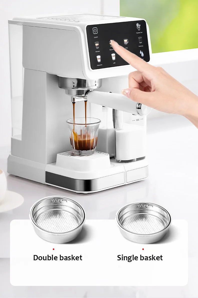 White espresso machine with touchscreen, milk frother, and single/double stainless steel filter baskets.