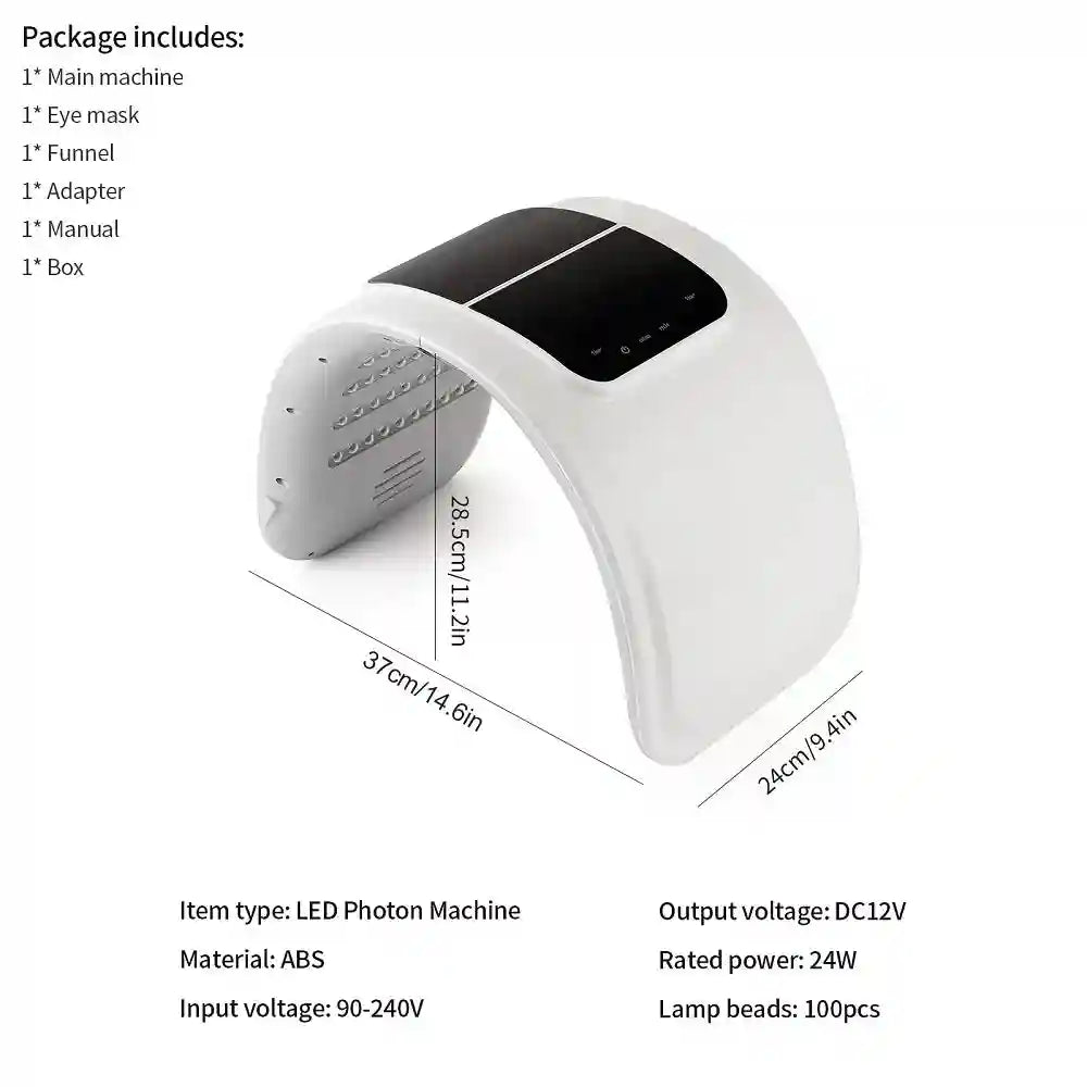 White arched LED light therapy machine for skincare with black control panel and measurements.