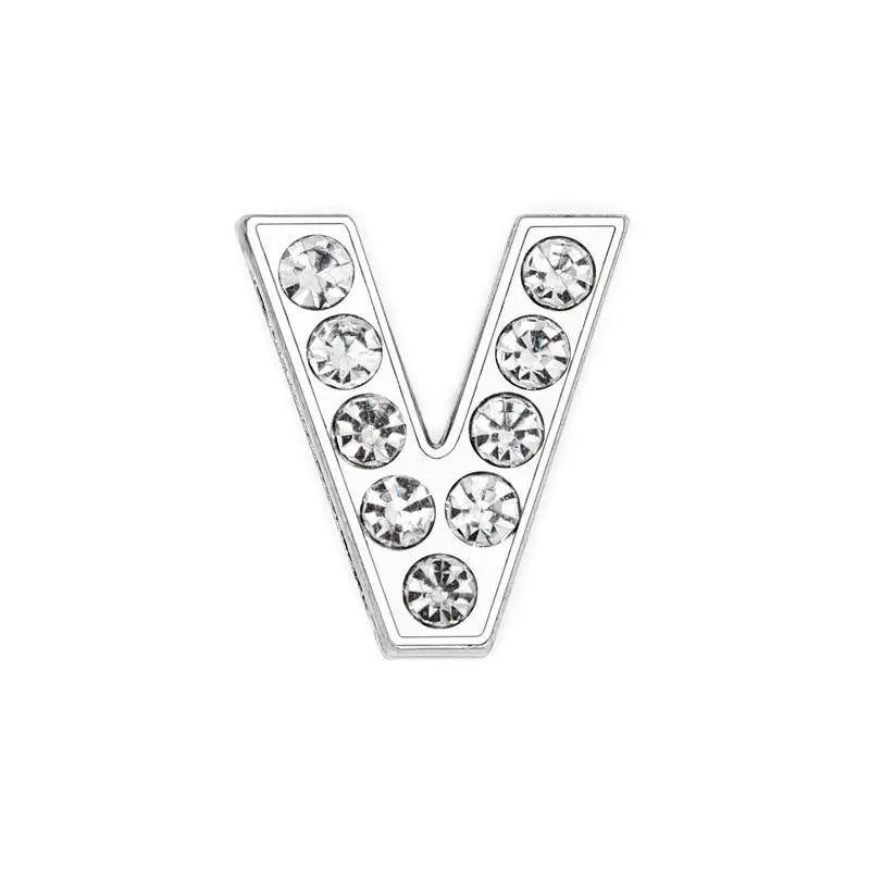 Silver rhinestone letter V slide charm for 8mm pet collars. DIY alphabet accessory for personalized dog cat necklaces.