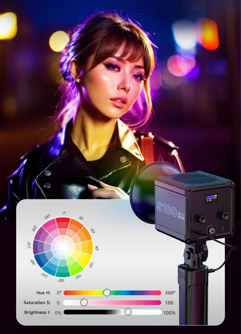 S100 portable LED video light with a color control interface and a stand, used for professional photography lighting.
