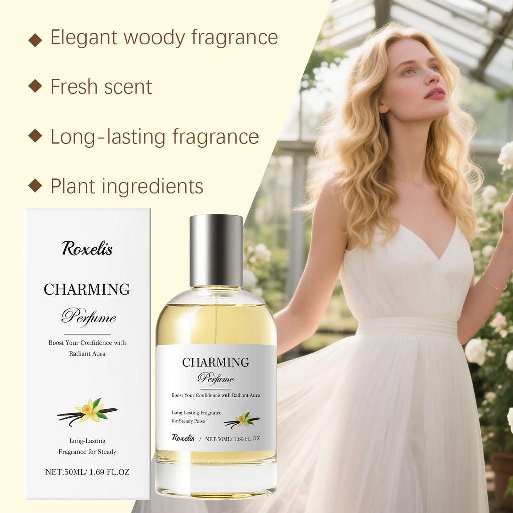 50ml Charming perfume in a cylindrical glass bottle with a silver cap and yellow liquid, for personal fragrance.