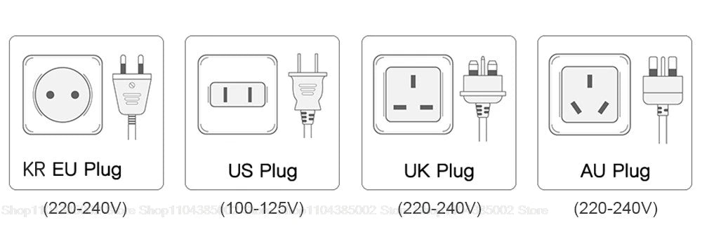 Hair dryer power plug options: KR, EU, US, UK, and AU adapters for professional ionic hair dryers with global voltage.