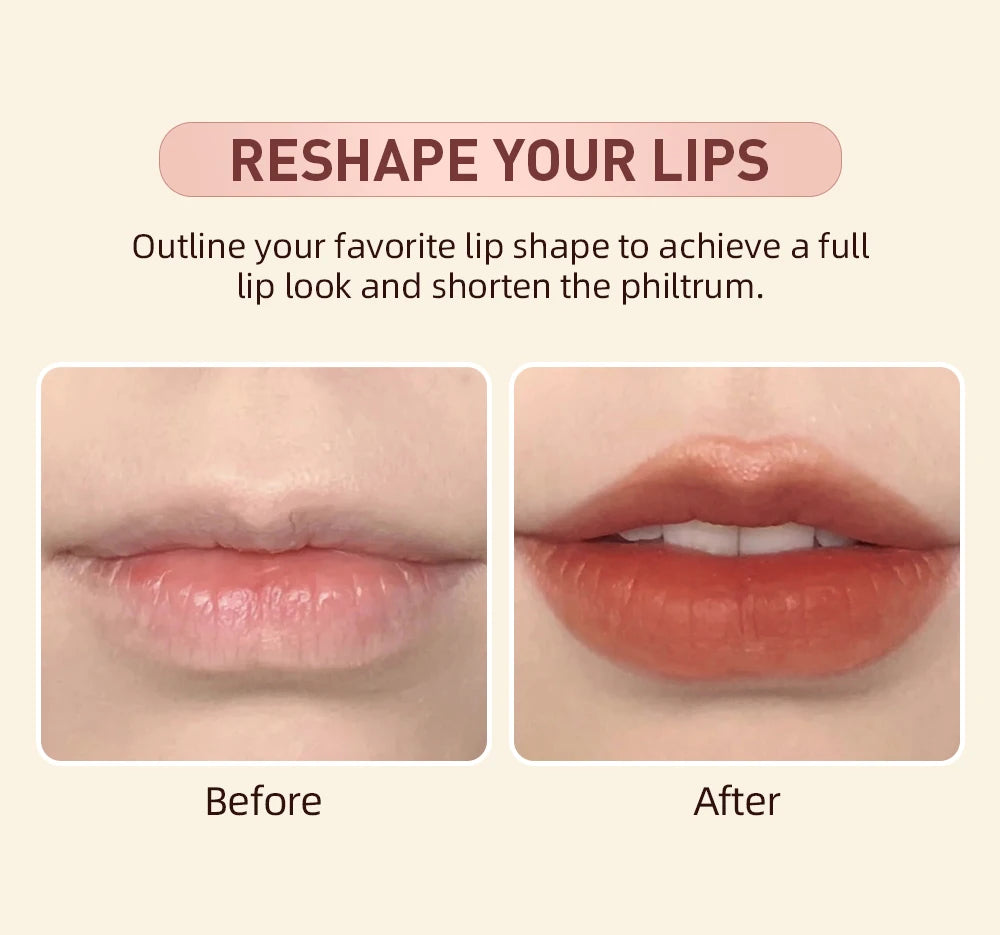 Before and after comparison of QIBEST matte nude lip liner, showing enhanced full lip shape and defined contour.