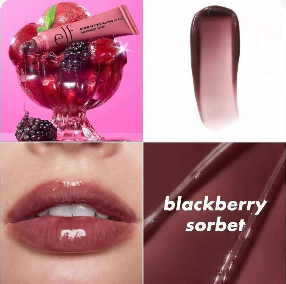 e.l.f. Glow Reviver Melting Lip Balm in Blackberry Sorbet: glossy, sheer berry-tinted texture on lips.