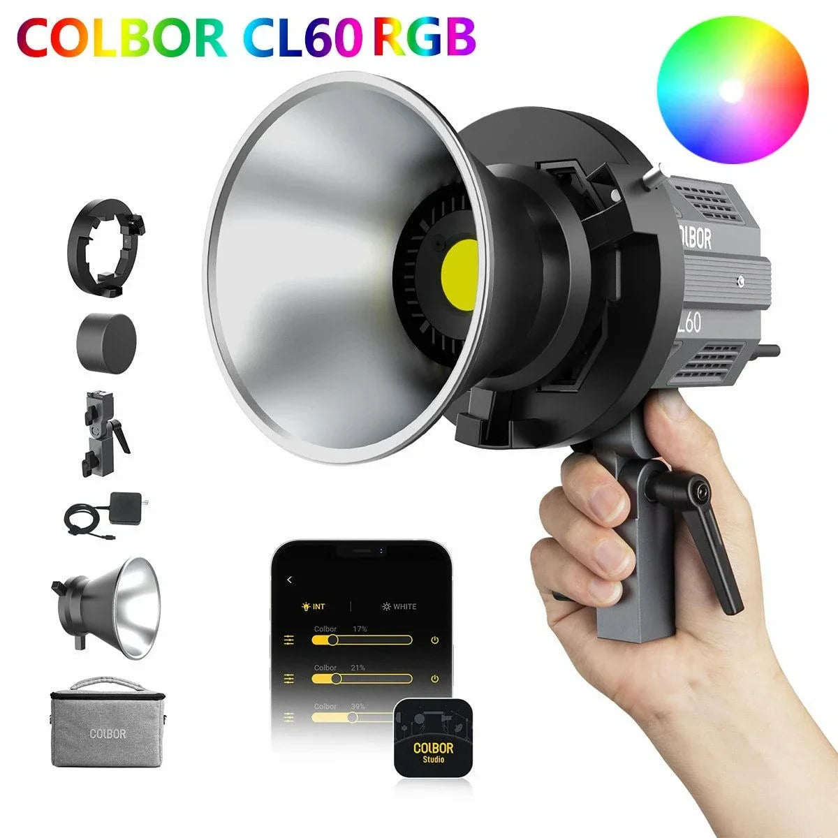 Colbor CL60 RGB LED video light with reflector, handheld grip, app control, and accessories for photography lighting.