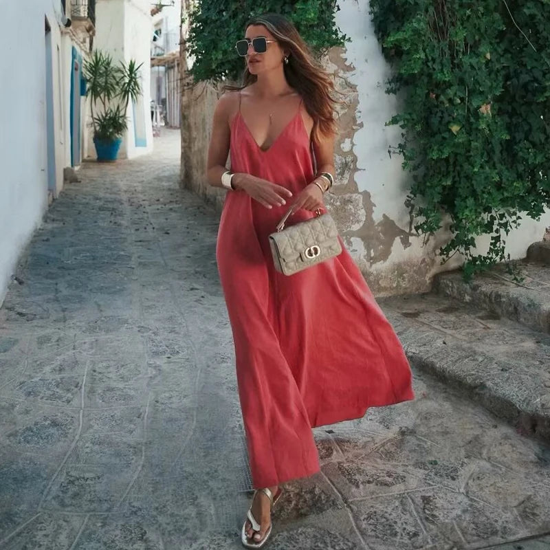 MUJER 2025 Red Slip Maxi Dress Women Sexy Backless Long Dresses for Woman Summer Beach Female Dress Draped Party Dresses Women