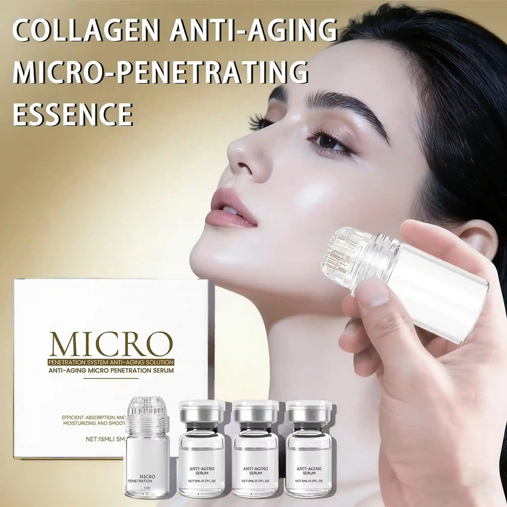 Collagen Anti-Aging Micro-Penetrating Essence set with firming serum vials and microneedle applicator for skincare.