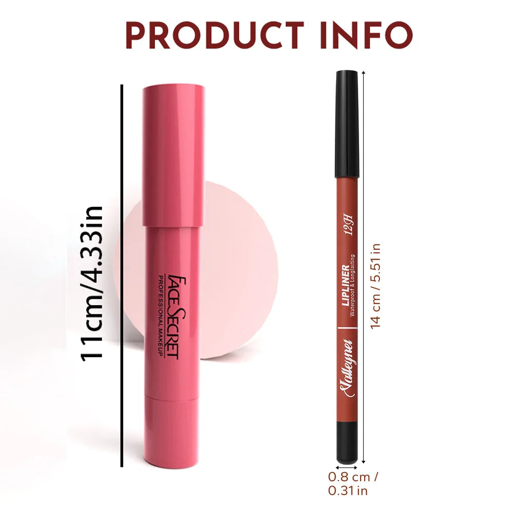 2-piece lip combo set with pink matte velvet lipstick and waterproof brown lip liner pencil for long-lasting makeup.