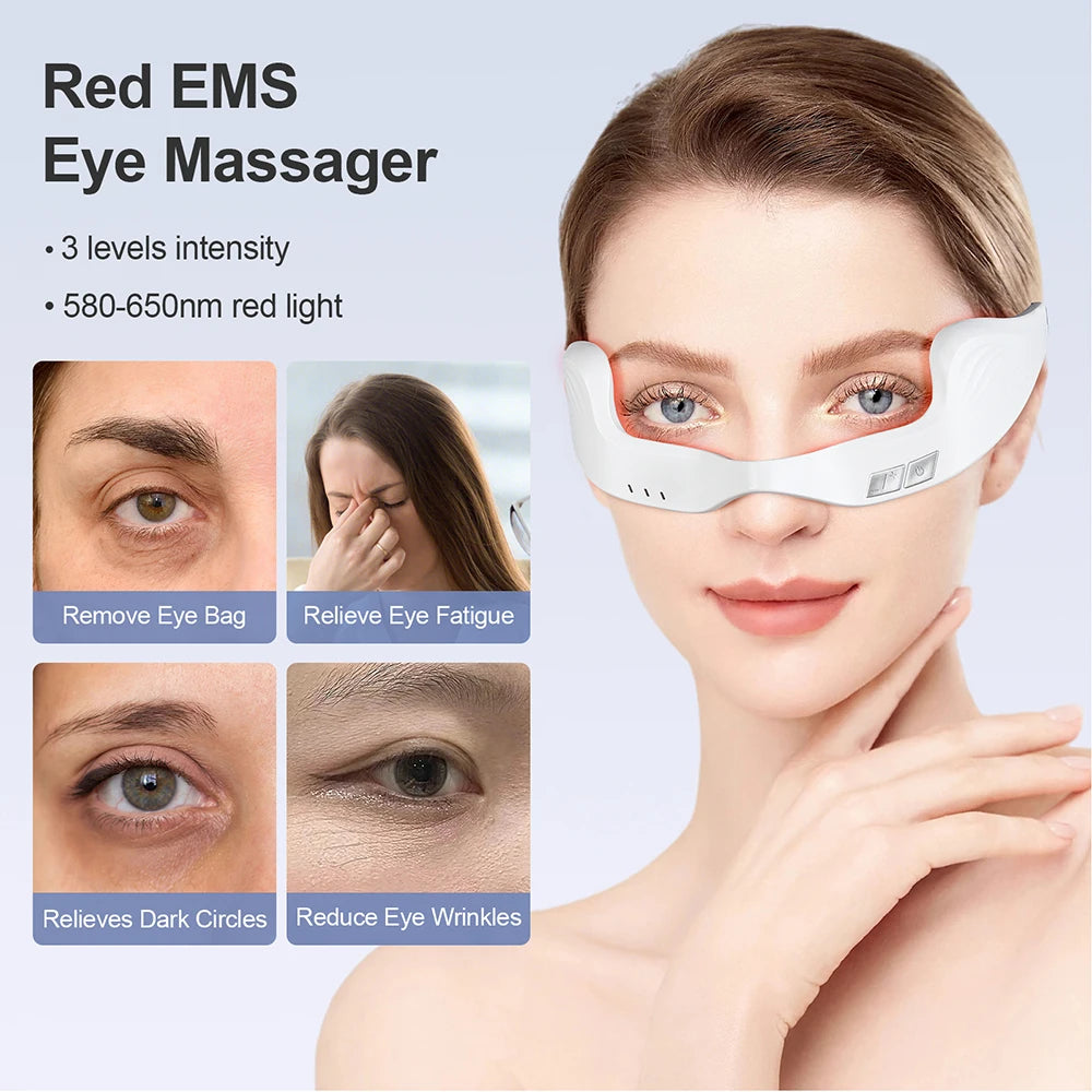 White red light EMS eye massager glasses for anti-wrinkle, fatigue relief, and reducing eye bags and dark circles.