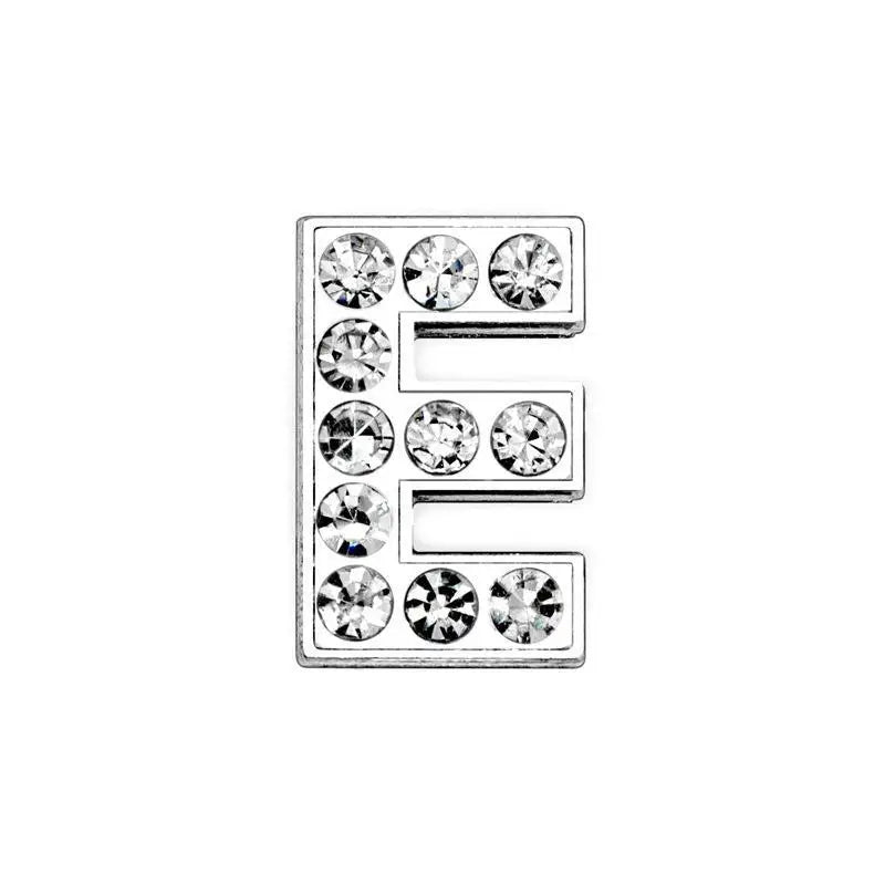 Silver rhinestone letter E slide charm for 8mm DIY pet collars to personalize your dog or cat's name tag.