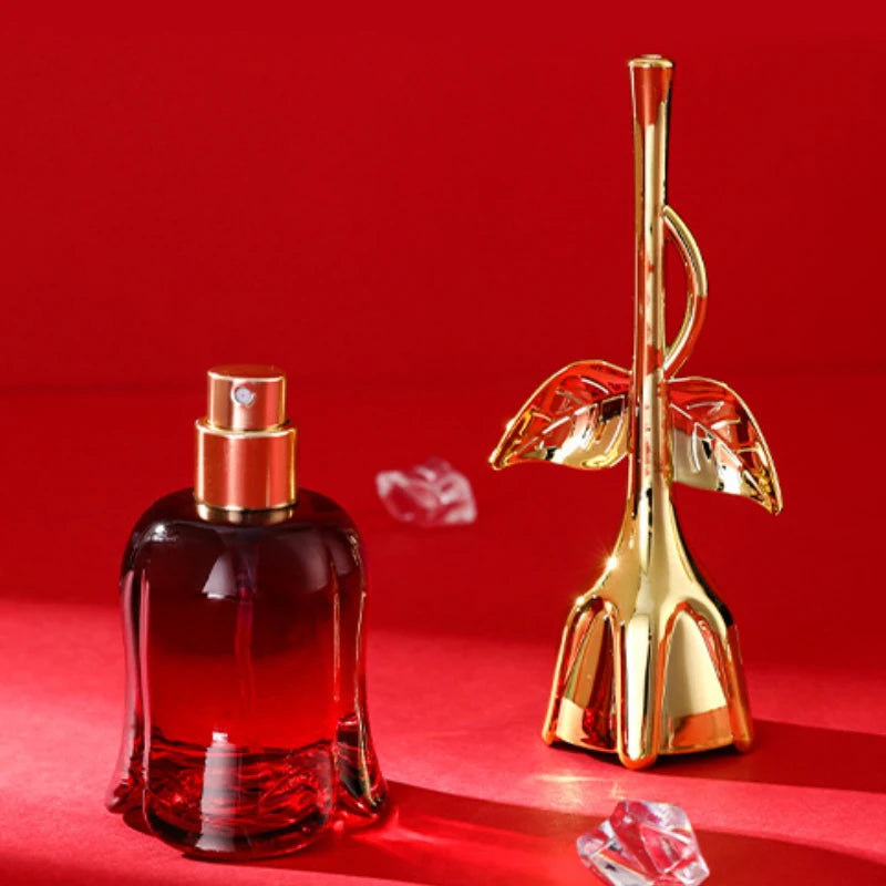 WARMKISS Midnight Rose EDP: 50ml floral perfume for women in a red glass rose-shaped bottle with gold flower topper.