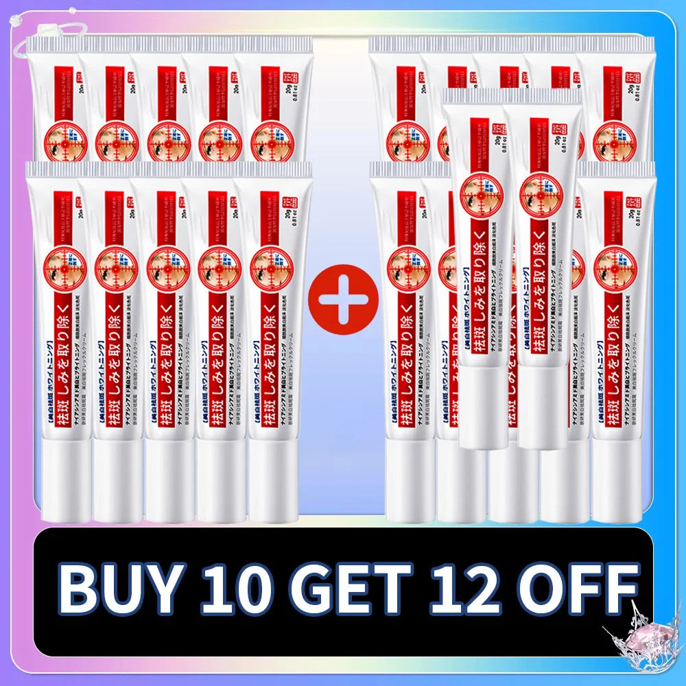 Twelve 20g tubes of white skin-brightening cream with red accents, arranged for a bulk purchase promotion.
